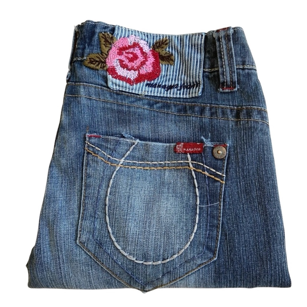 Manager capri jeans embroidered floral turn up mid rise straight 10